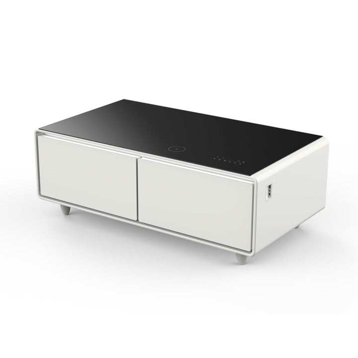 Forno Evoluto Tavolo 51-Inch White Smart Coffee Table – Dual Refrigerator Drawers, Bluetooth 5.0 Audio, Wireless Charging & RGB Ambient Light