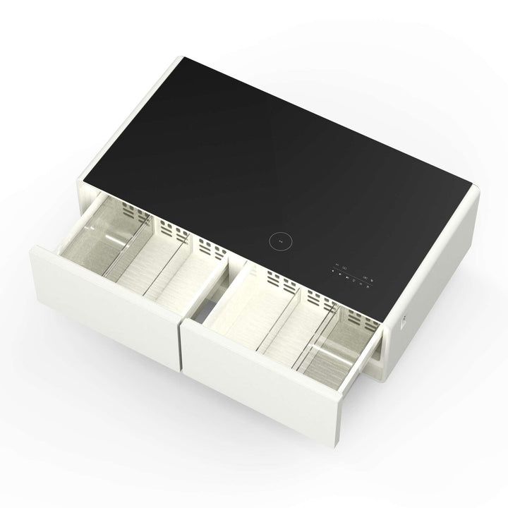 Forno Evoluto Tavolo 51-Inch White Smart Coffee Table – Dual Refrigerator Drawers, Bluetooth 5.0 Audio, Wireless Charging & RGB Ambient Light