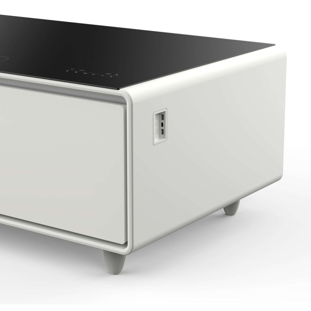 Forno Evoluto Tavolo 51-Inch White Smart Coffee Table – Dual Refrigerator Drawers, Bluetooth 5.0 Audio, Wireless Charging & RGB Ambient Light
