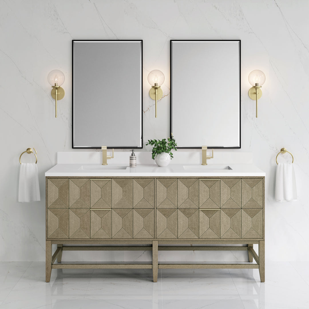 Emmeline 72" Double Vanity, Pebble Oak w/ Single Hole 3 CM White Zeus Top & Backsplash