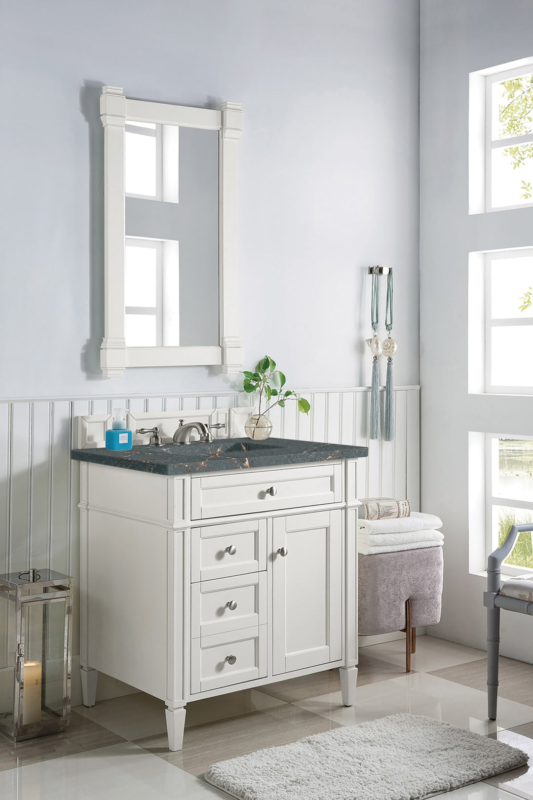 Brittany 30" Single Vanity, Bright White, w/ 3 CM Parisien Bleu Silestone Top