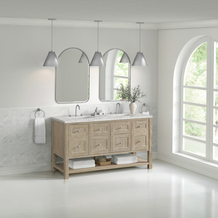 Breckenridge 60" Double Vanity, Whitewashed Oak, w/ 3 CM Eternal Jasmine Pearl Quartz Top w/FreePower Wireless Charger