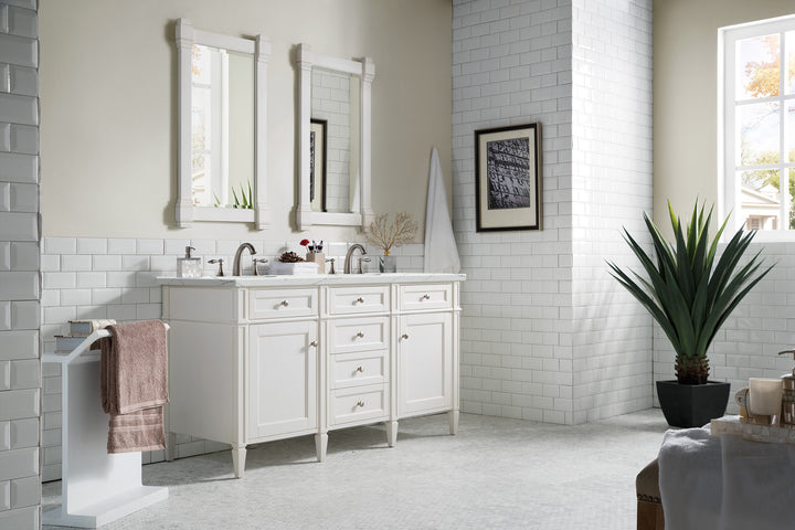 Brittany 60" Double Vanity, Bright White Vanity w/ 3 CM Ethereal Noctis Silestone Top