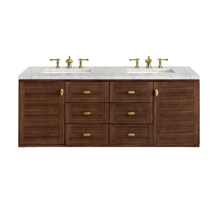 Amberly 60" Double Vanity, Mid-Century Walnut w/ 3 CM Eternal Jasmine Pearl Top w/FreePower Wireless Charger