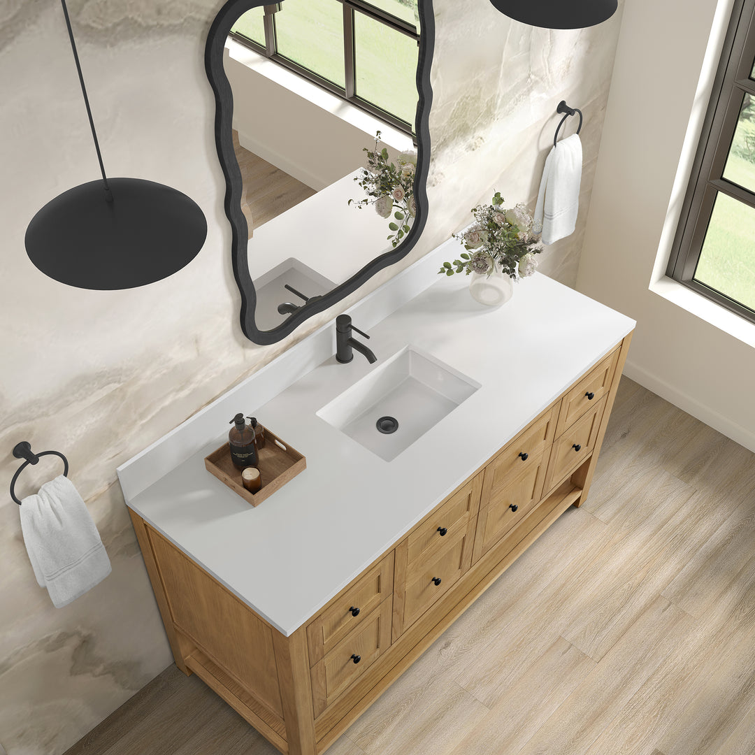 Breckenridge 60" Single Vanity, Light Natural Oak, w/ Single Hole 3 CM White Zeus Quartz Top & Backsplash