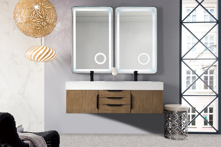 Columbia 59" Double Wall Mount Vanity, Latte Oak, Matte Black w/ Glossy White Composite Stone Top