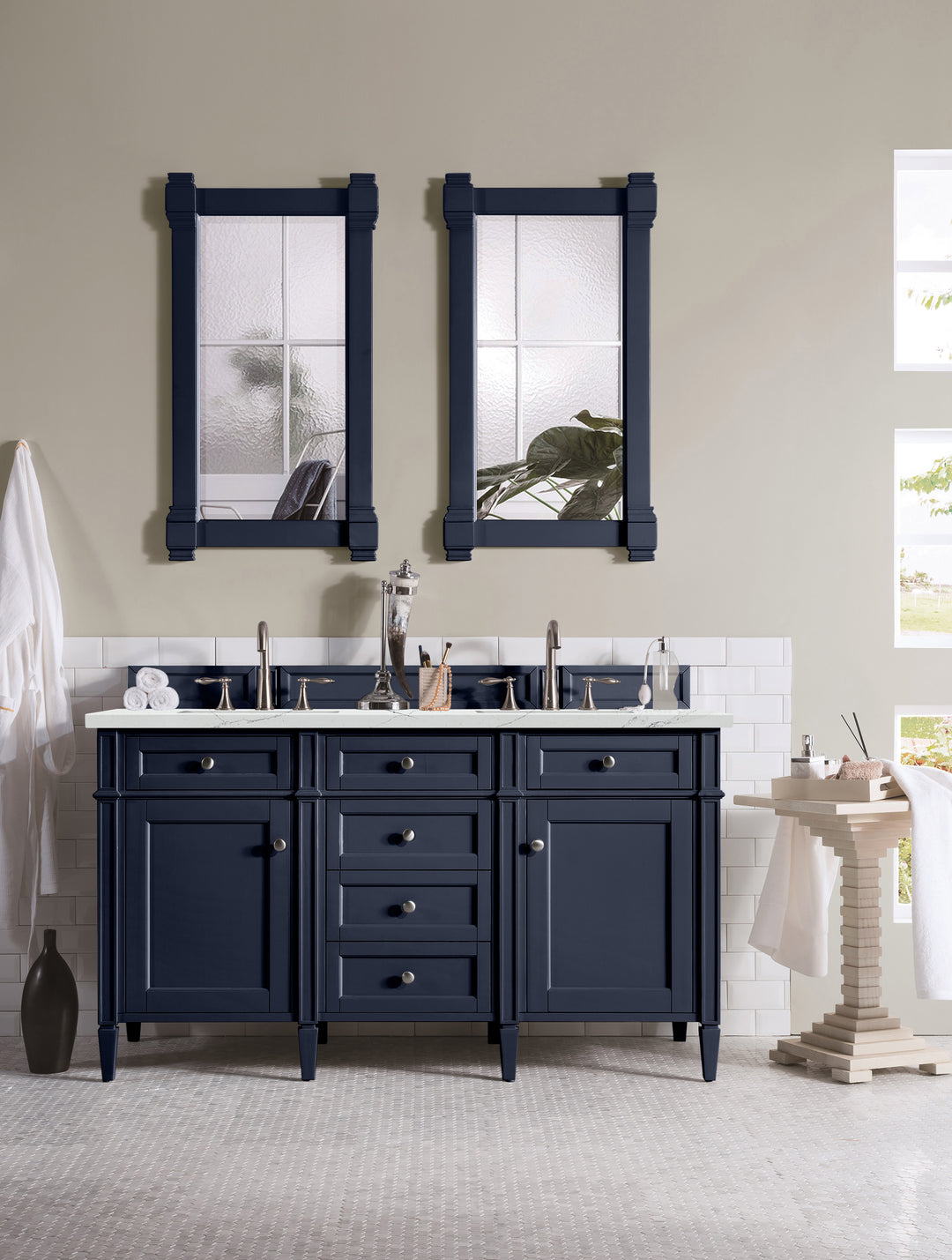Brittany 60" Double Vanity, Victory Blue w/ 3 CM Ethereal Noctis Silestone Top