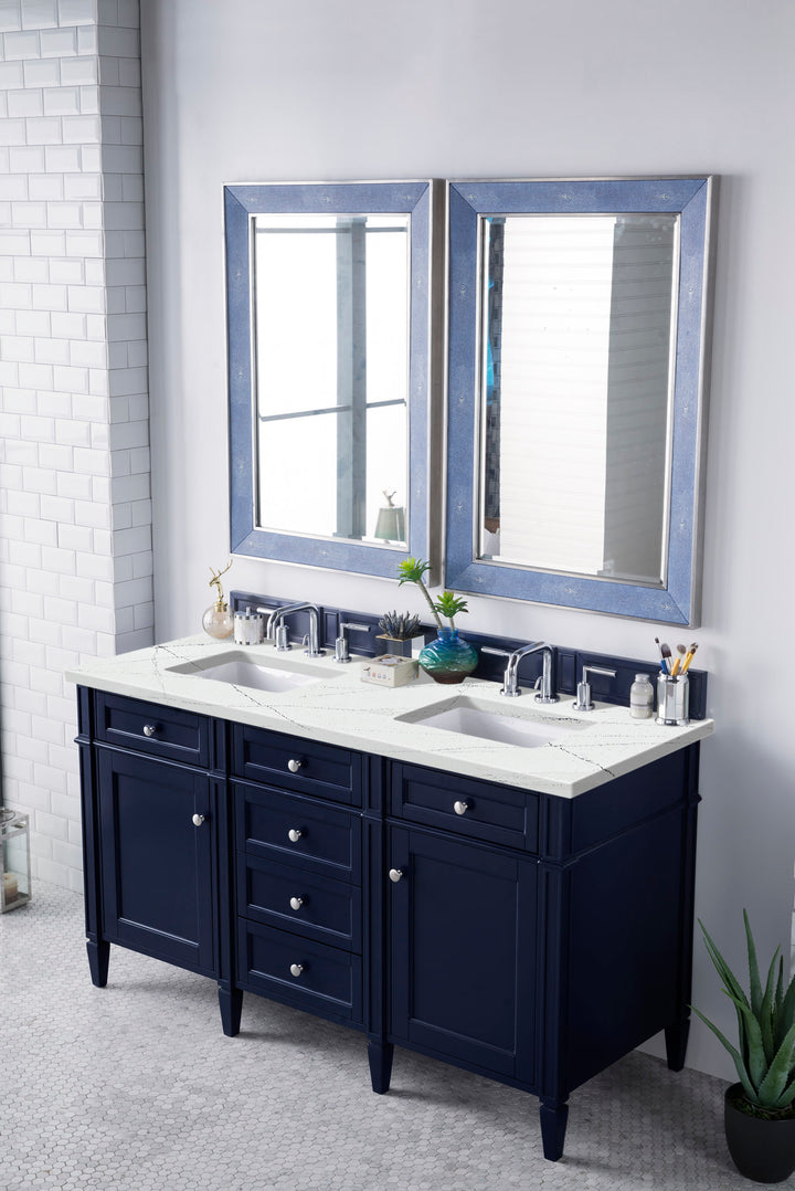 Brittany 60" Double Vanity, Victory Blue w/ 3 CM Ethereal Noctis Silestone Top