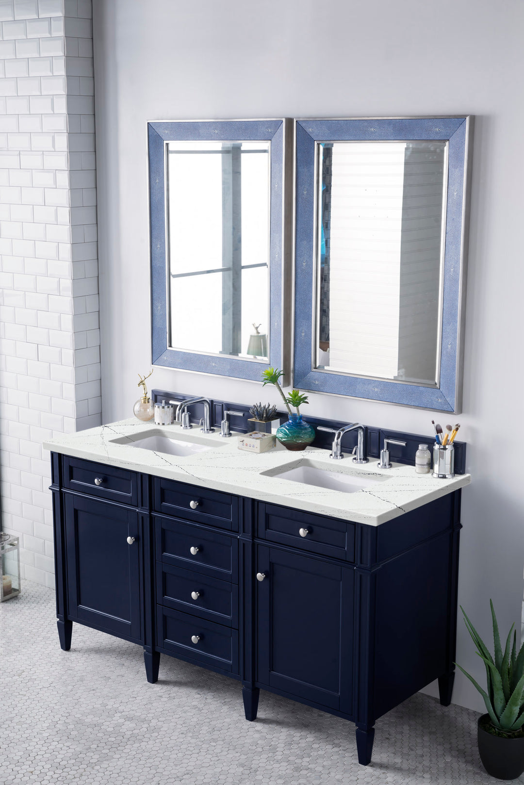 Brittany 60" Double Vanity, Victory Blue w/ 3 CM Ethereal Noctis Silestone Top w/FreePower Wireless Charger