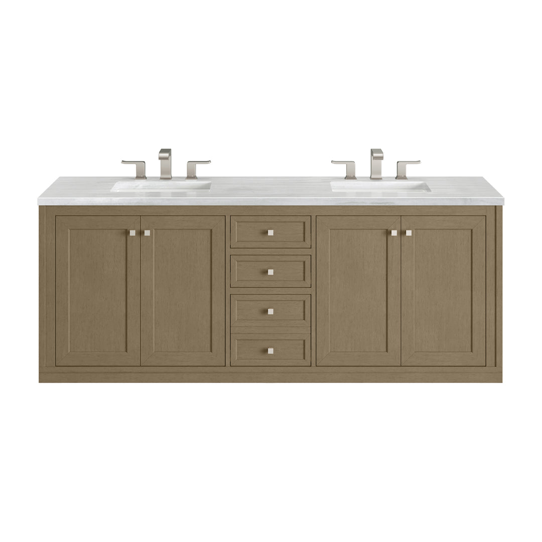 Chicago 72" Double Vanity, Walnut Whisper, w/ 3 CM Arctic Fall Solid Surface Top