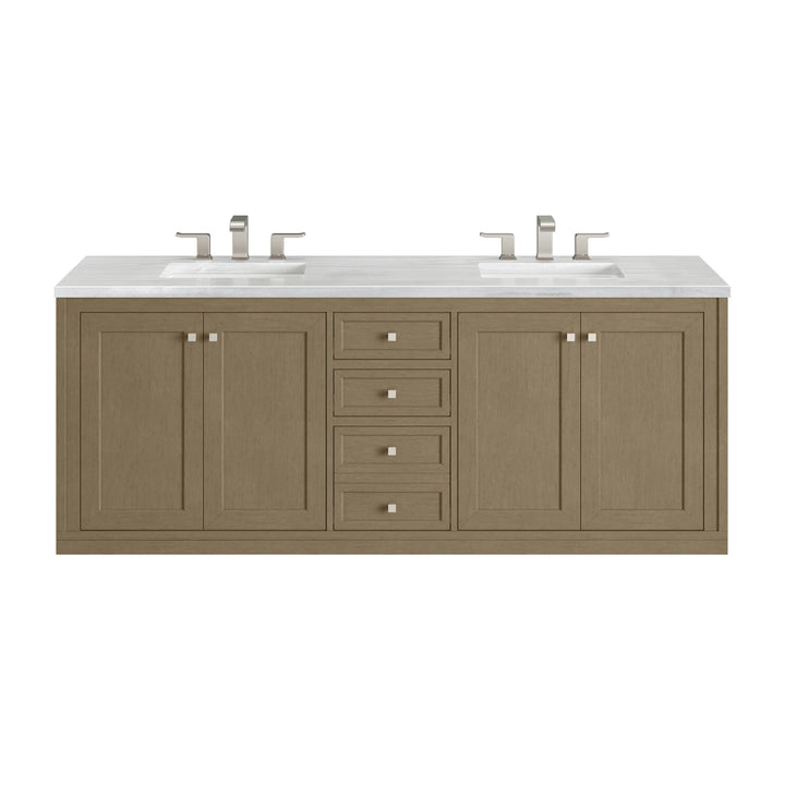 Chicago 72" Double Vanity, Walnut Whisper, w/ 3 CM Arctic Fall Solid Surface Top