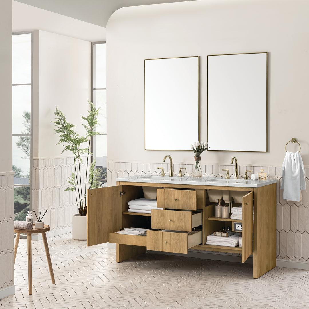 Hudson 60" Double Vanity, Light Natural Oak w/ 3 CM Lime Delight Top
