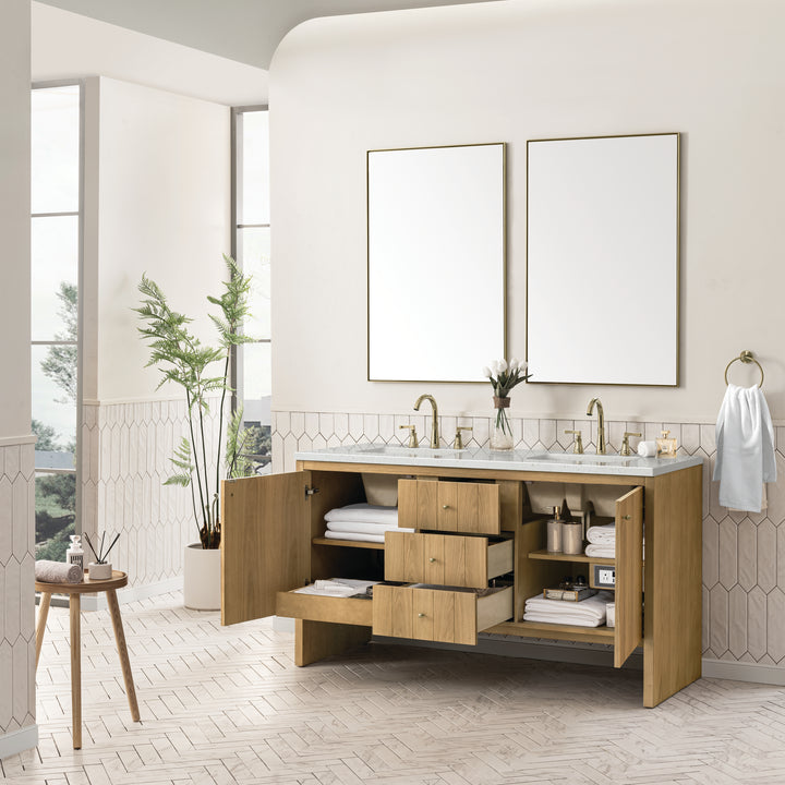 Hudson 60" Double Vanity, Light Natural Oak w/ 3 CM Lime Delight Top