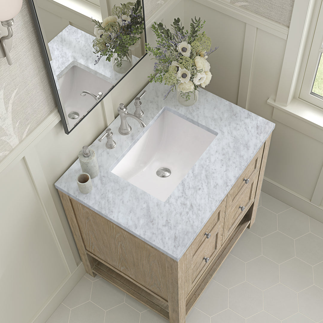 Breckenridge 30" Single Vanity, Whitewashed Oak w/ 3 CM Carrara White Marble Top