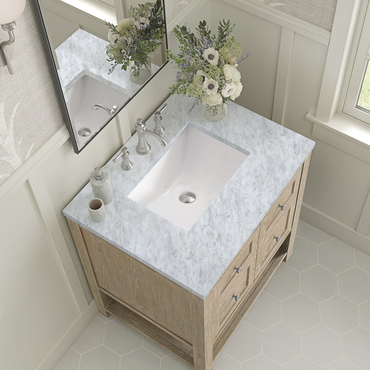 Breckenridge 30" Single Vanity, Whitewashed Oak w/ 3 CM Carrara White Marble Top