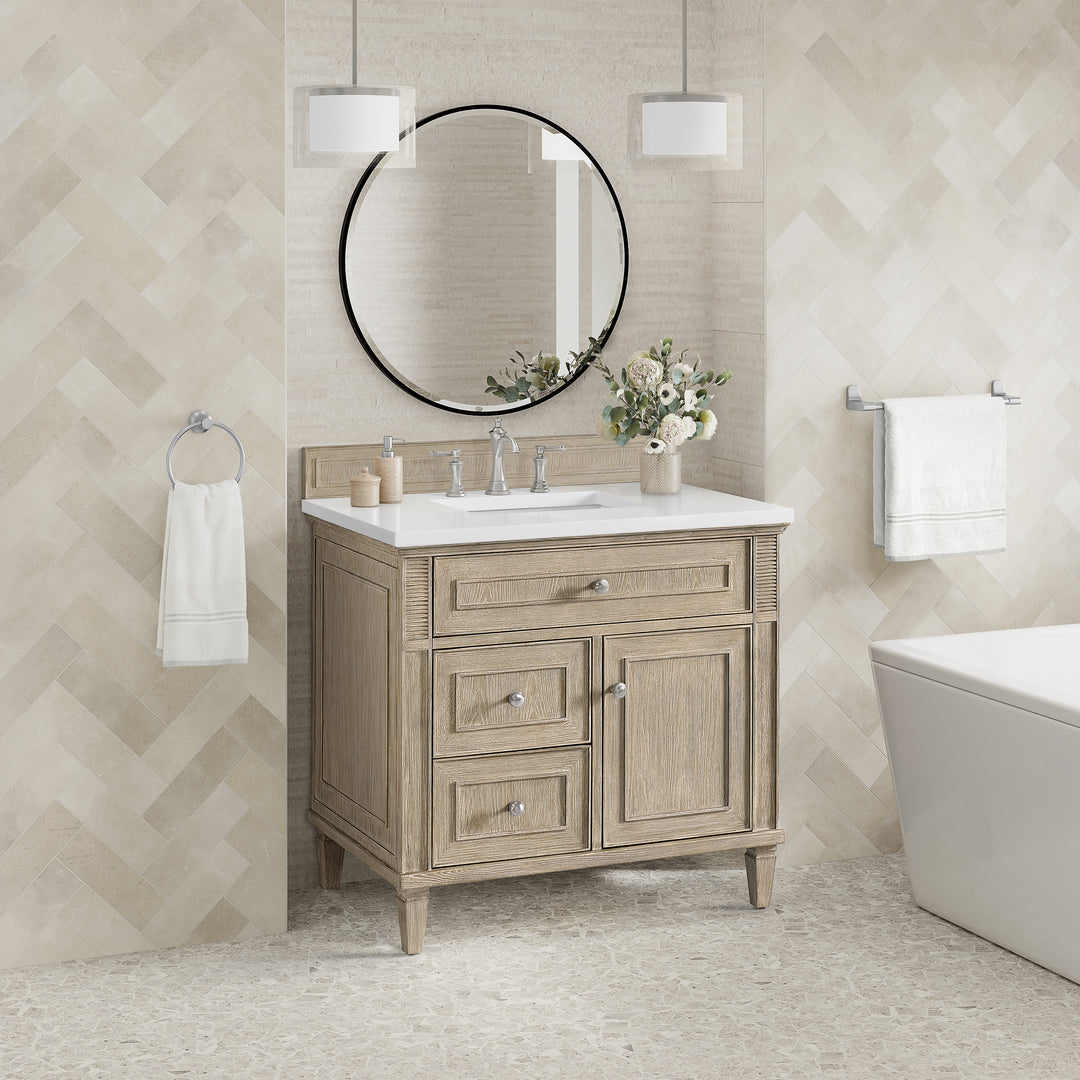 Lorelai 36" Single Vanity, Whitewashed Oak w/ 3 CM White Zeus Silestone Top