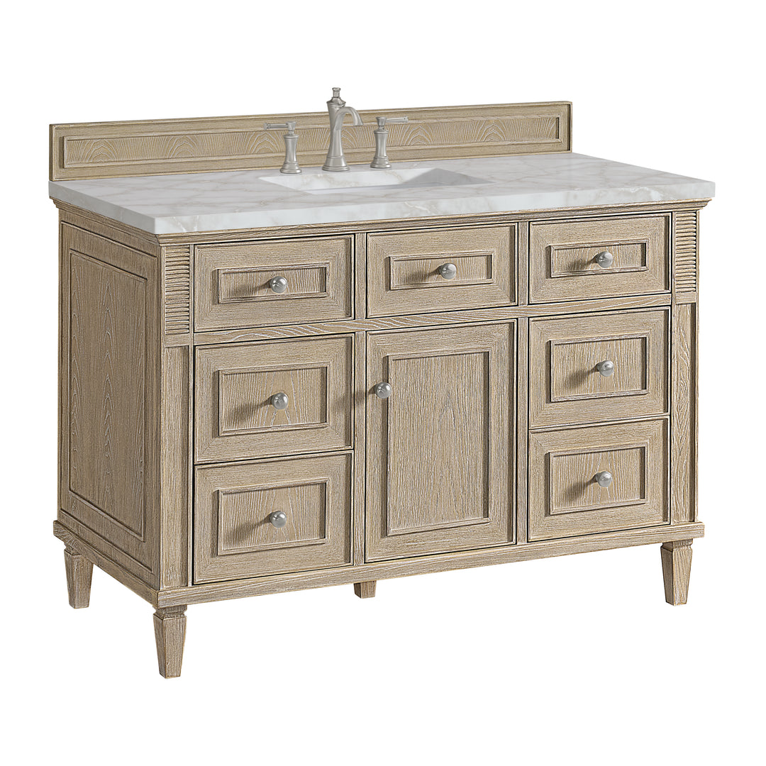 Lorelai 48" Single Vanity, Whitewashed Oak w/ 3 CM Victorian Silver Silestone Top w/FreePower Wireless Charger