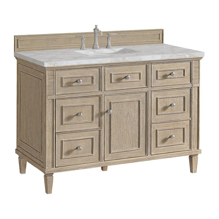 Lorelai 48" Single Vanity, Whitewashed Oak w/ 3 CM Victorian Silver Silestone Top w/FreePower Wireless Charger
