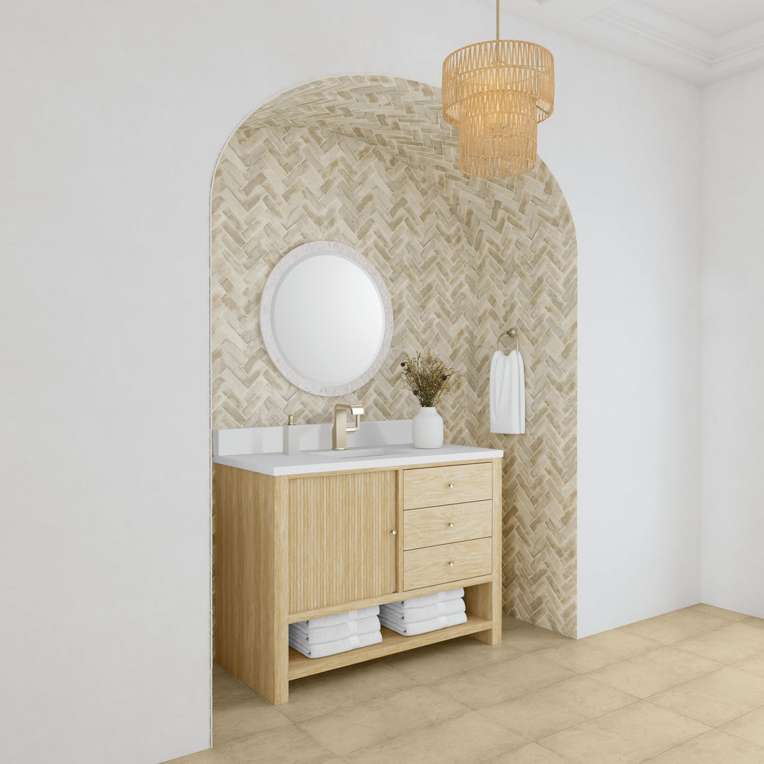 Marigot 48" Single Vanity, Sunwashed Oak w/ Single Hole 3 CM White Zeus Silestone Top & Backsplash