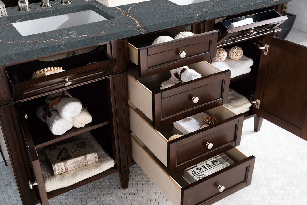Brittany 60" Double Vanity, Burnished Mahogany w/ 3 CM Parisien Bleu Silestone Top