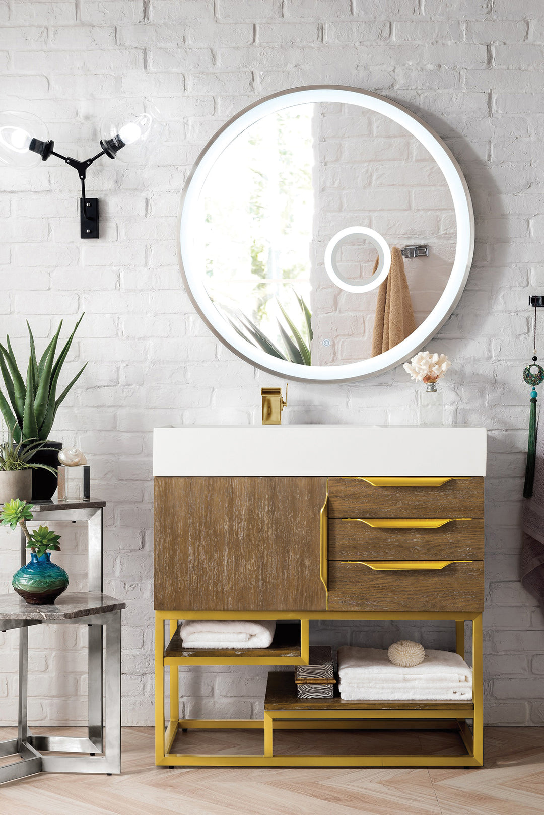 Columbia 36" Single Vanity, Latte Oak, Radiant Gold w/ Glossy White Composite Stone Top