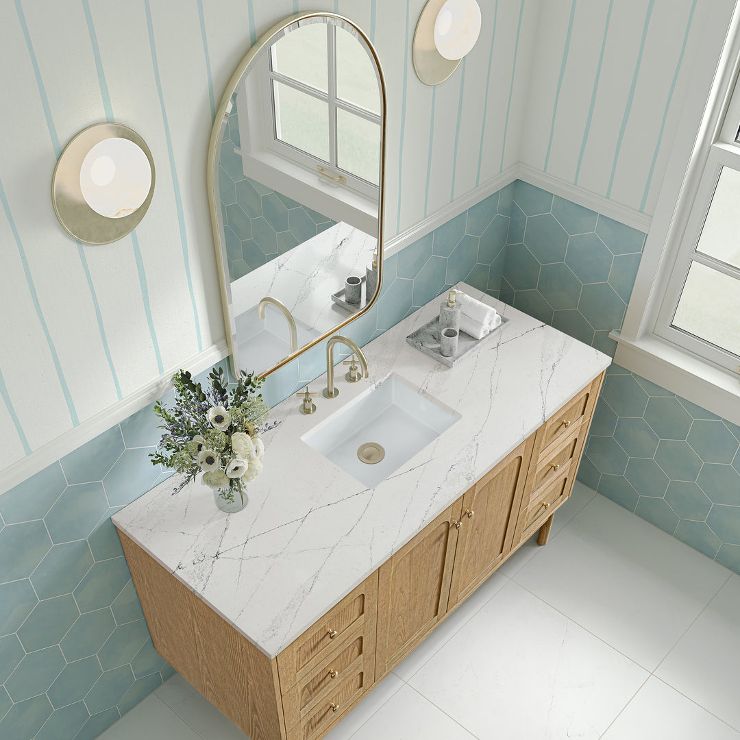 Laurent 60" Single Vanity, Light Natural Oak, w/ 3 CM Ethereal Noctis Quartz Top