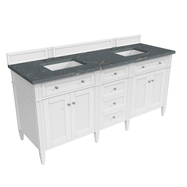 Brittany 72" Double Vanity, Bright White Vanity w/ 3 CM Parisien Bleu Silestone Top