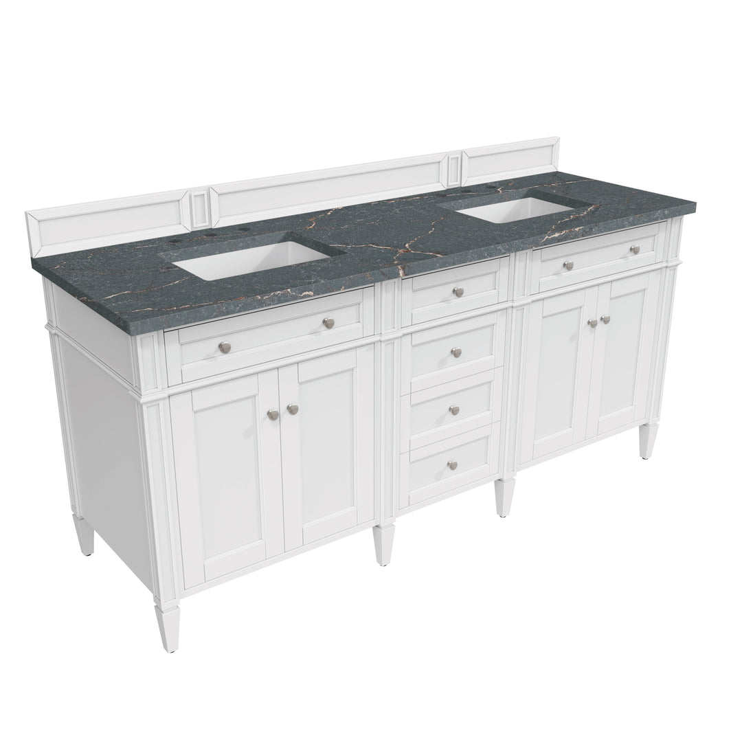 Brittany 72" Double Vanity, Bright White Vanity w/ 3 CM Parisien Bleu Silestone Top w/FreePower Wireless Charger