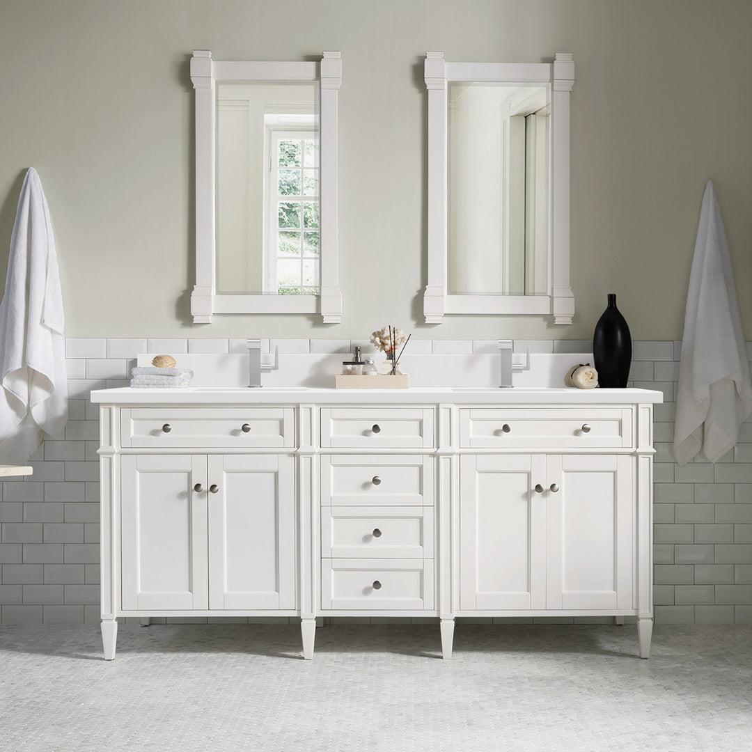 Brittany 72" Double Vanity, Bright White Vanity w/ Single Hole 3 CM White Zeus Silestone Top & Backsplash