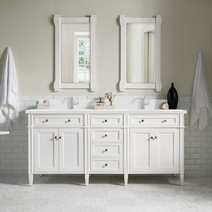 Brittany 72" Double Vanity, Bright White Vanity w/ Single Hole 3 CM White Zeus Silestone Top & Backsplash