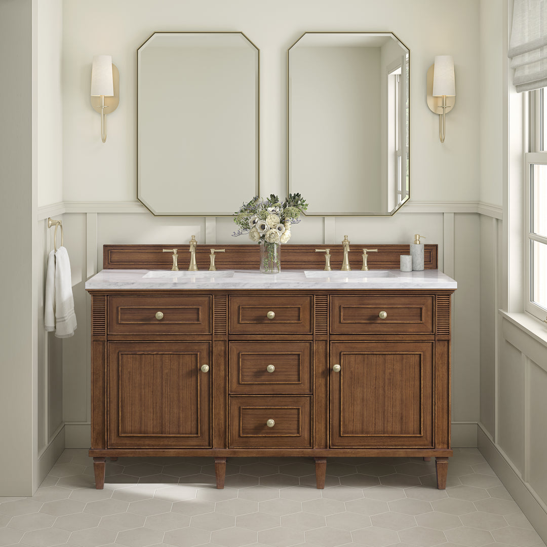 Lorelai 60" Double Vanity, Mid-Century Walnut w/ 3 CM White Zeus Silestone Top