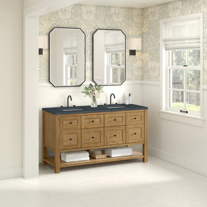 Breckenridge 60" Double Vanity, Light Natural Oak, w/ 3 CM Charcoal Soapstone Quartz Top