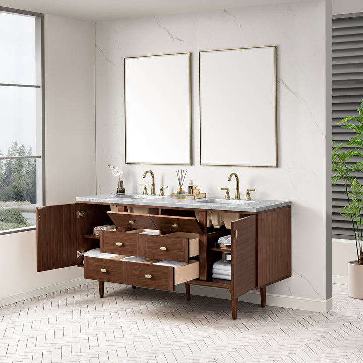 Amberly 72" Double Vanity, Mid-Century Walnut w/ 3 CM Ethereal Noctis Top w/FreePower Wireless Charger