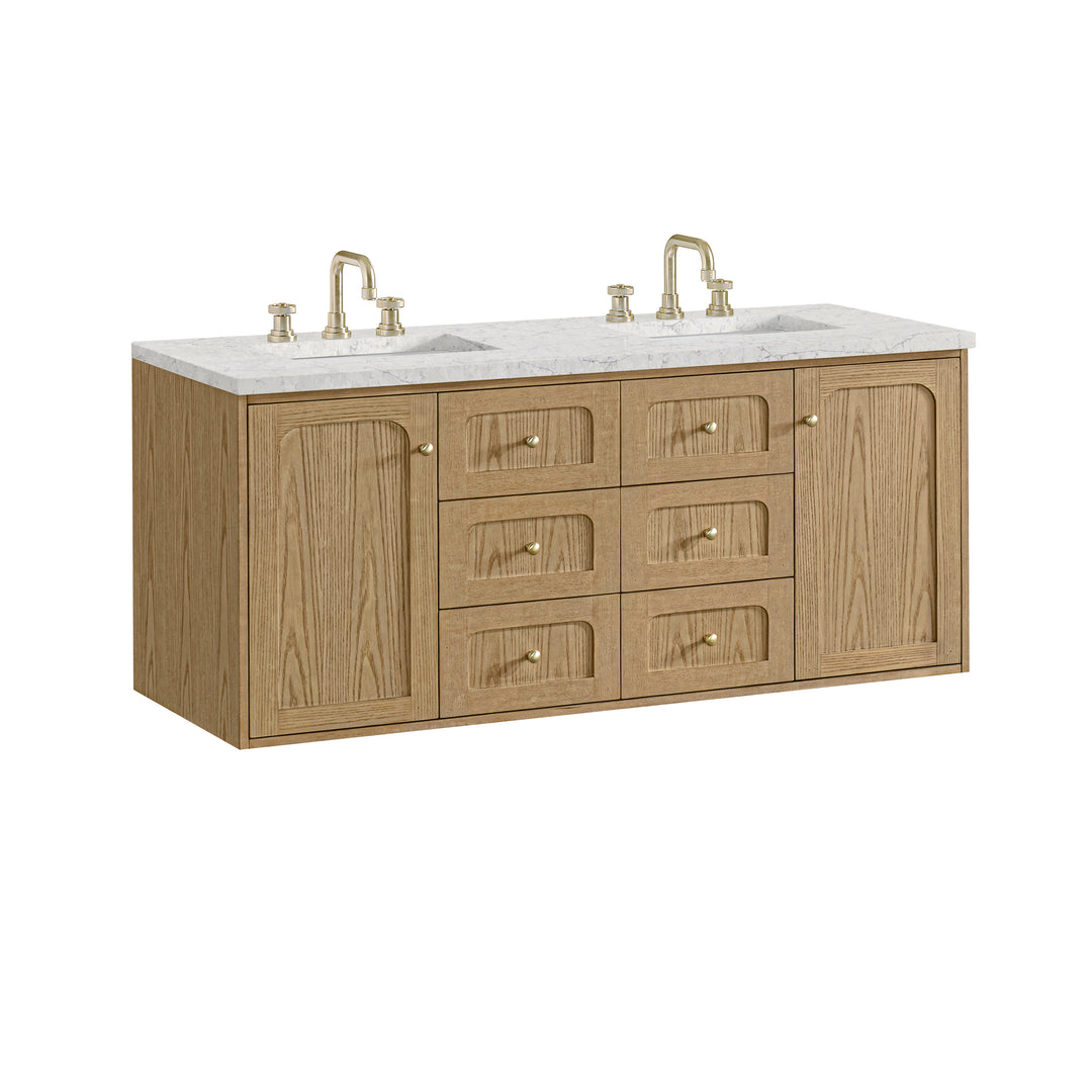 Laurent 60" Double Vanity, Light Natural Oak, w/ 3 CM Eternal Jasmine Pearl Quartz Top