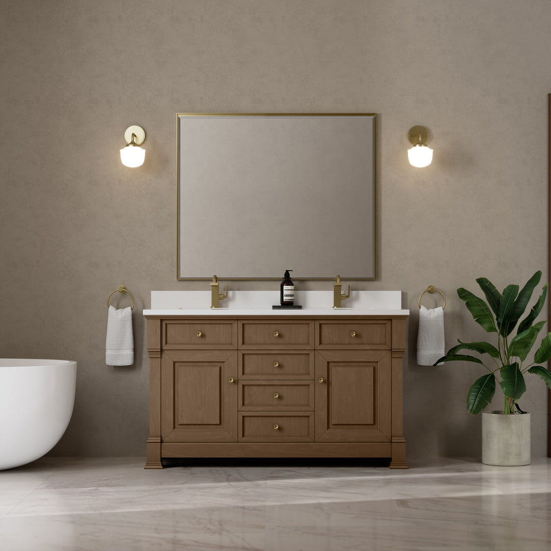 Brookfield 60" Double Vanity, Pecan w/ Single Hole 3CM White Zeus Silestone® Top & Backsplash