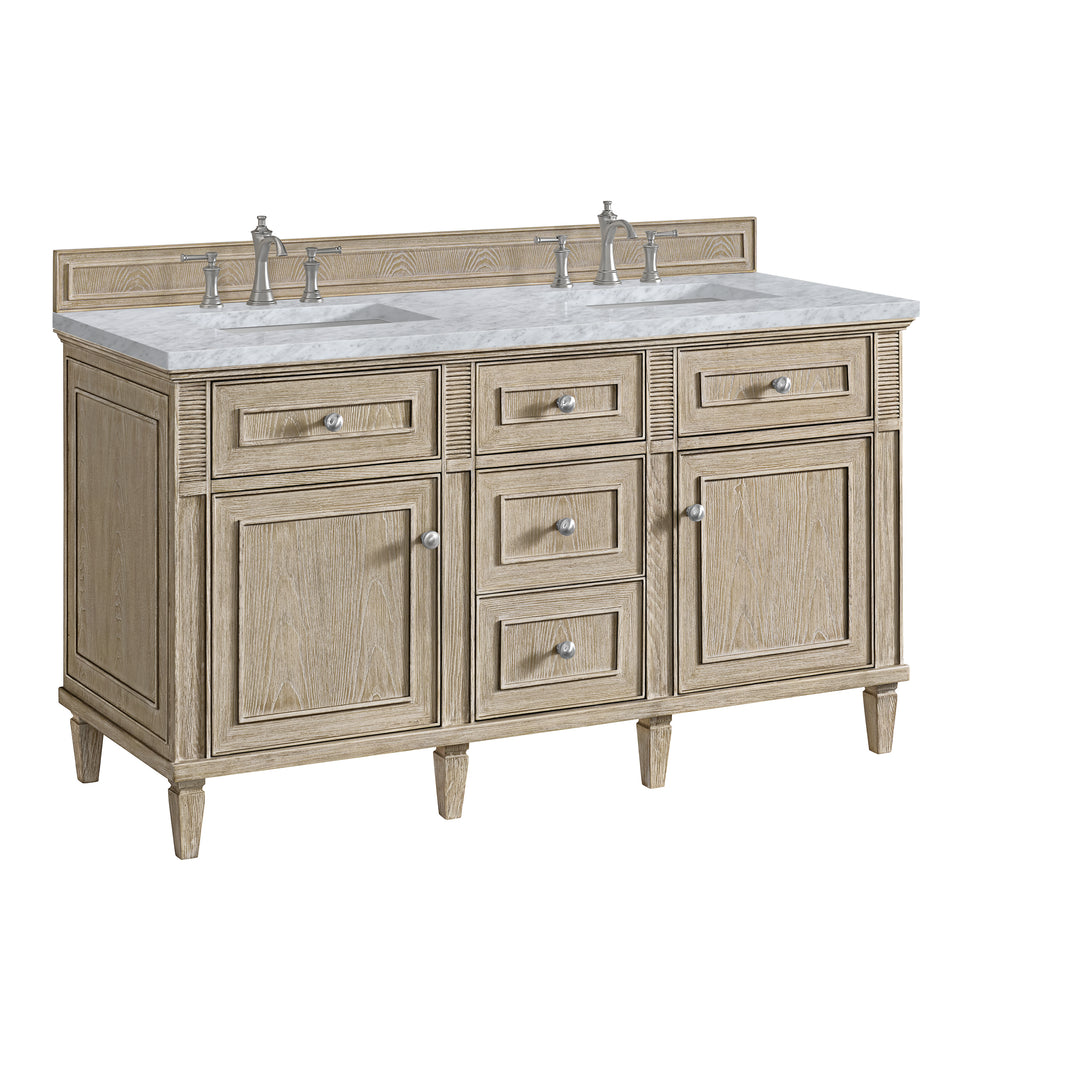 Lorelai 60" Double Vanity, Whitewashed Oak w/ 3 CM Carrara White Marble Top