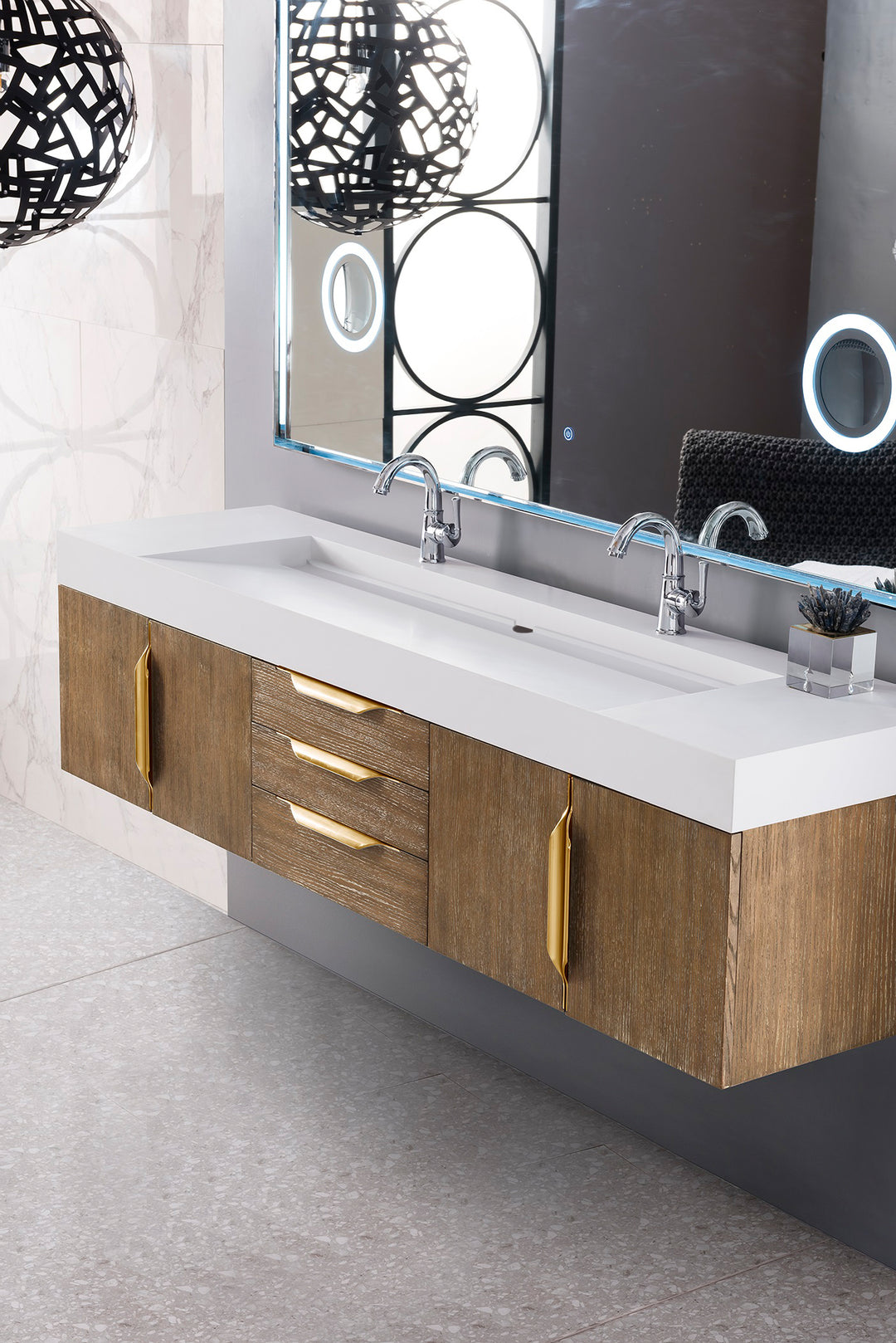 Columbia 72" Double Wall Mount Vanity, Latte Oak, Radiant Gold w/ Glossy White Composite Stone Top