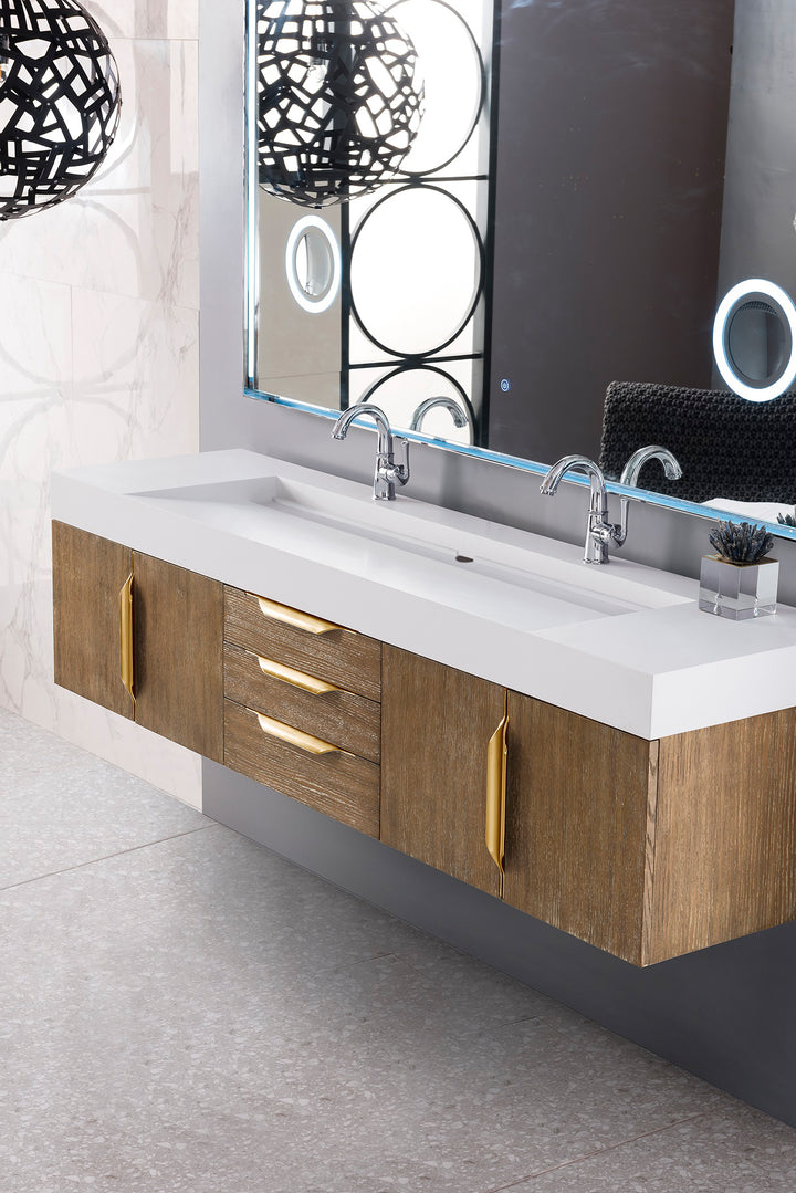 Columbia 72" Double Wall Mount Vanity, Latte Oak, Radiant Gold w/ Glossy White Composite Stone Top