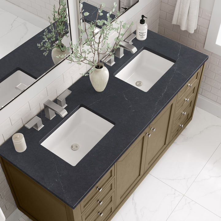 Chicago 60" Double Vanity, Walnut Whisper, w/ 3 CM Charcoal Soapstone Silestone® Top