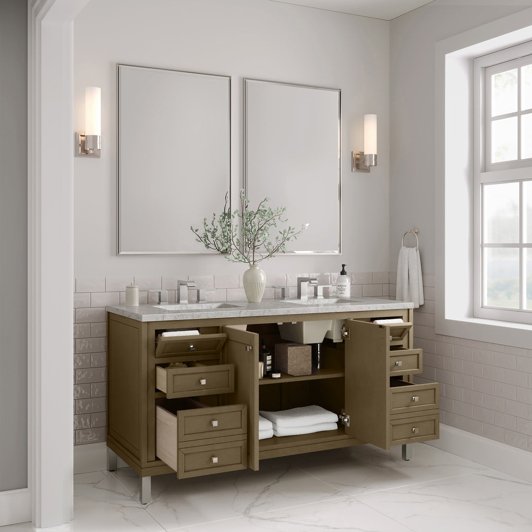 Chicago 60" Double Vanity, Walnut Whisper, w/ 3 CM Eternal Jasmine Pearl Silestone® Top w/FreePower Wireless Charger