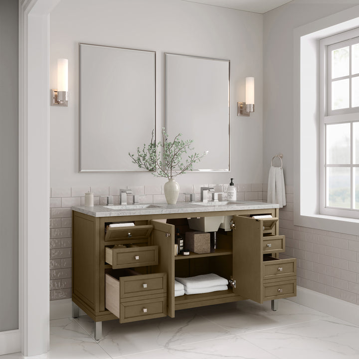 Chicago 60" Double Vanity, Walnut Whisper, w/ 3 CM Eternal Jasmine Pearl Silestone® Top w/FreePower Wireless Charger