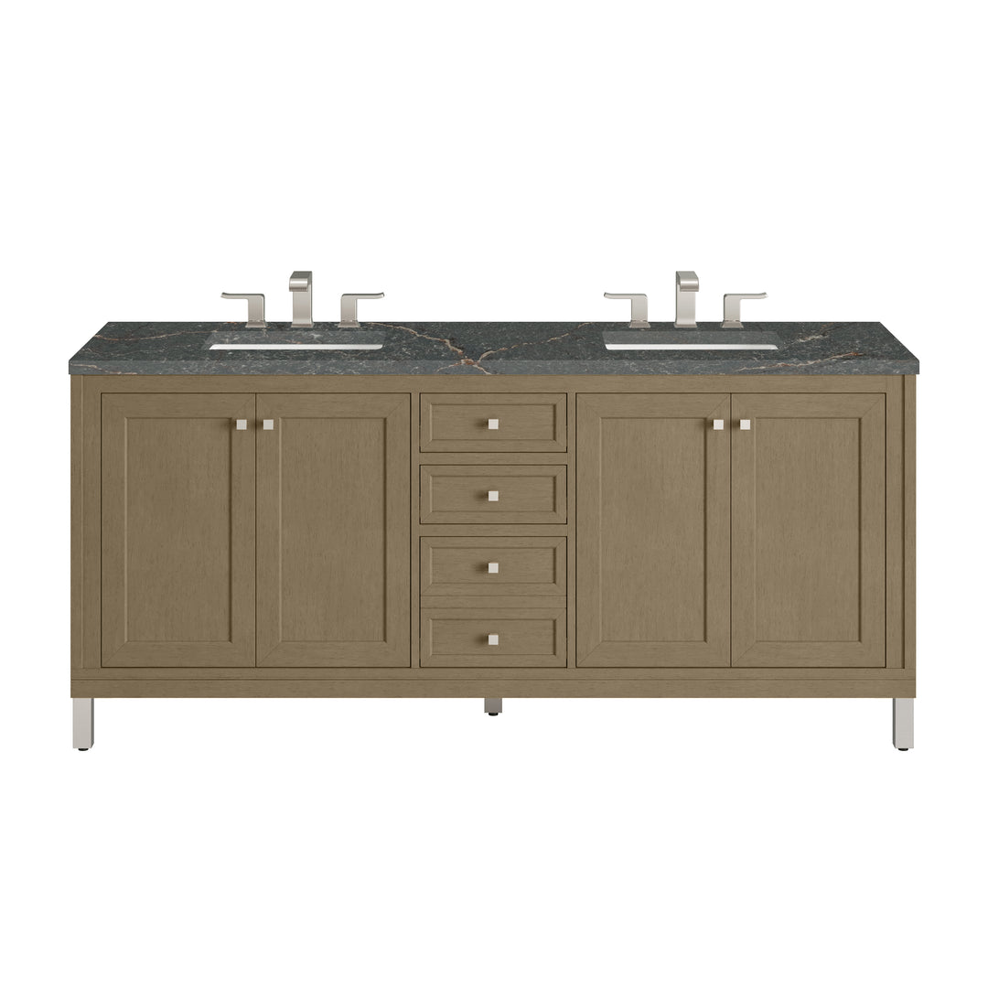 Chicago 72" Double Vanity, Walnut Whisper, w/ 3 CM Parisien Bleu Silestone® Top