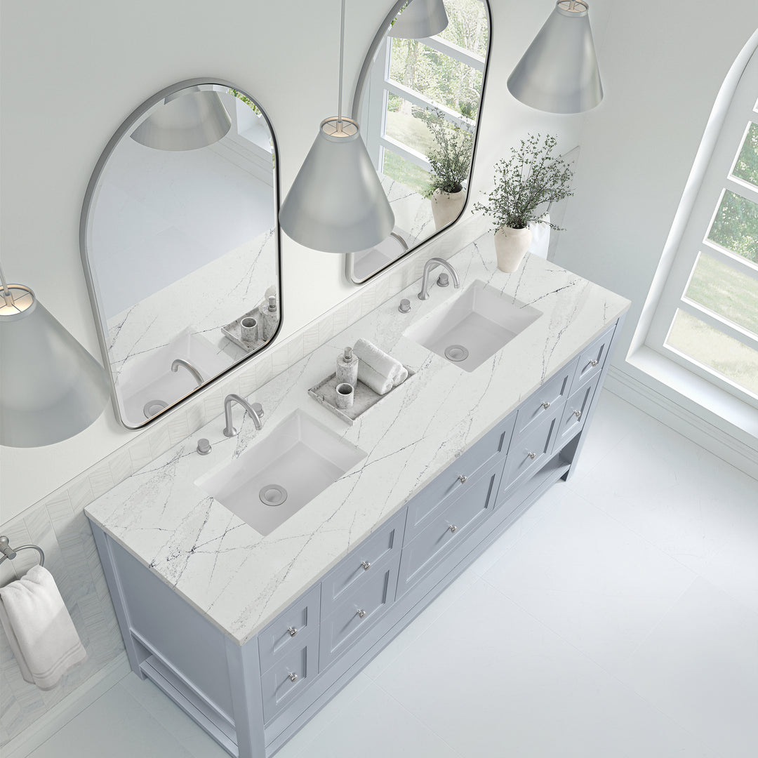 Breckenridge 72" Double Vanity, Serenity Blue, w/ 3 CM Ethereal Noctis Quartz Top