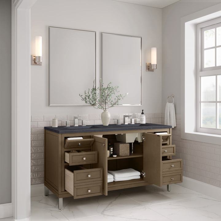Chicago 60" Double Vanity, Walnut Whisper, w/ 3 CM Charcoal Soapstone Silestone® Top