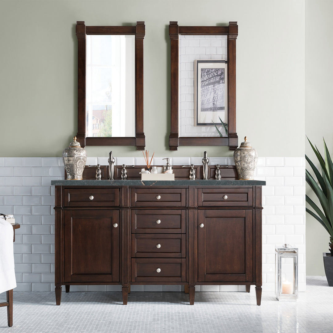Brittany 60" Double Vanity, Burnished Mahogany w/ 3 CM Parisien Bleu Silestone Top
