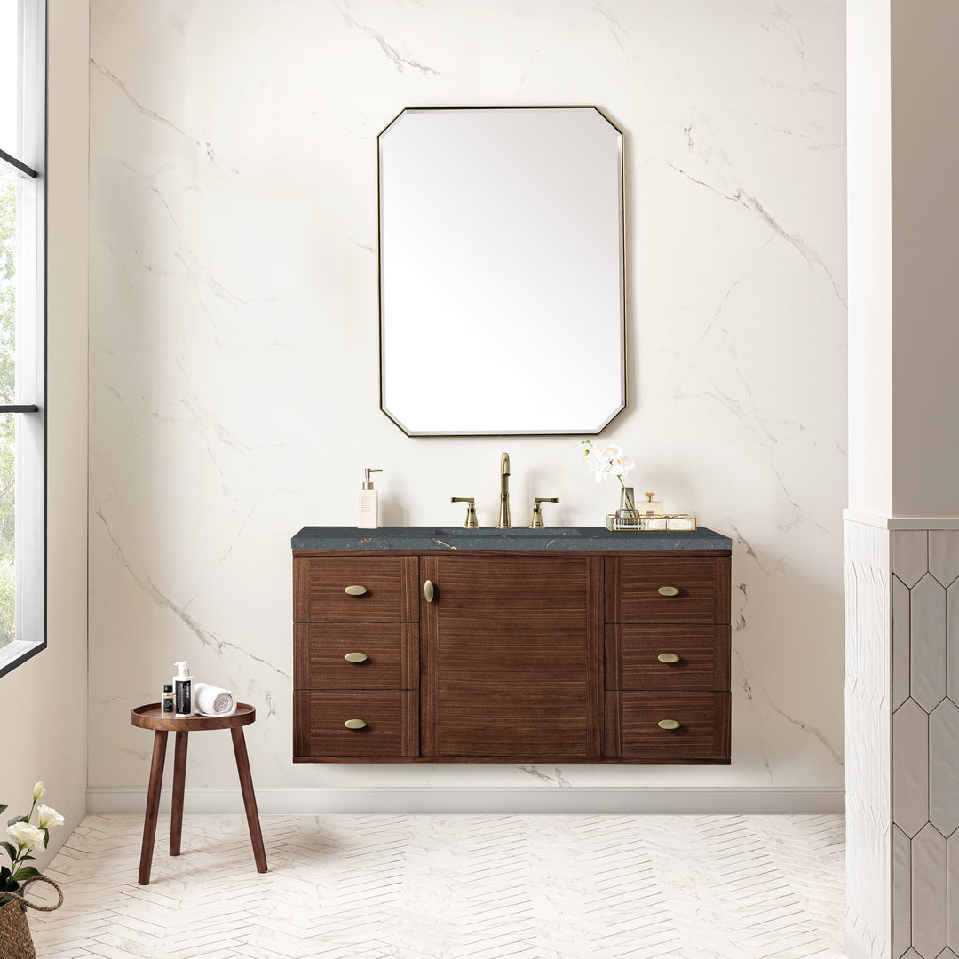 Amberly 48" Single Vanity, Mid-Century Walnut w/ 3 CM Parisien Bleu Top w/FreePower Wireless Charger