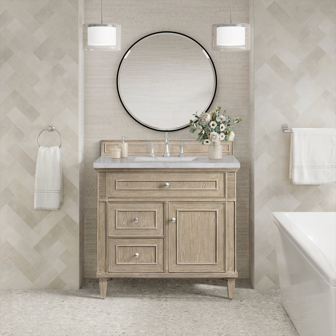 Lorelai 36" Single Vanity, Whitewashed Oak w/ 3 CM Victorian Silver Silestone Top