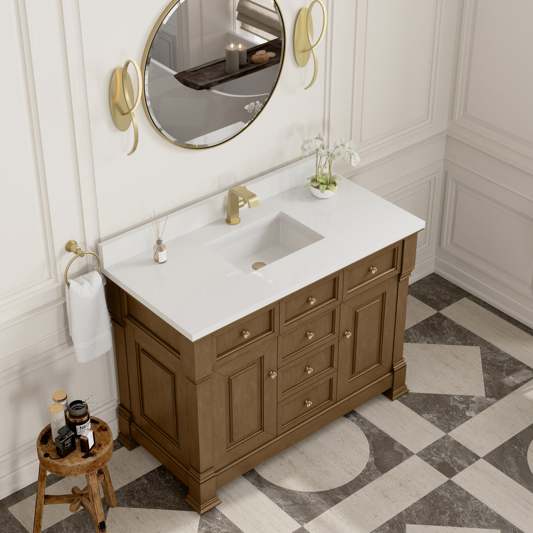 Brookfield 48" Single Vanity, Honey Oak w/ Single Hole 3 CM White Zeus Silestone® Top & Backsplash