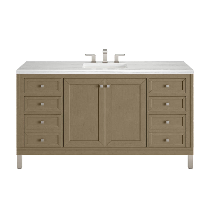 Chicago 60" Single Vanity, Walnut Whisper, w/ 3 CM Arctic Fall Solid Surface Top