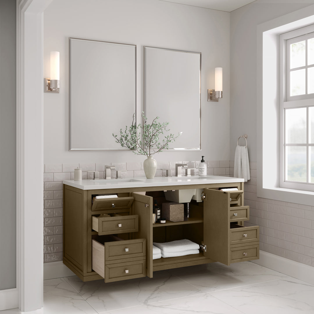 Chicago 60" Double Vanity, Walnut Whisper, w/ 3 CM White Zeus Silestone® Top